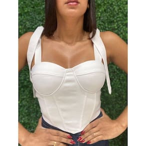 Cropped Slim Corselet com Bojo e 4 Alças com Laço Branco