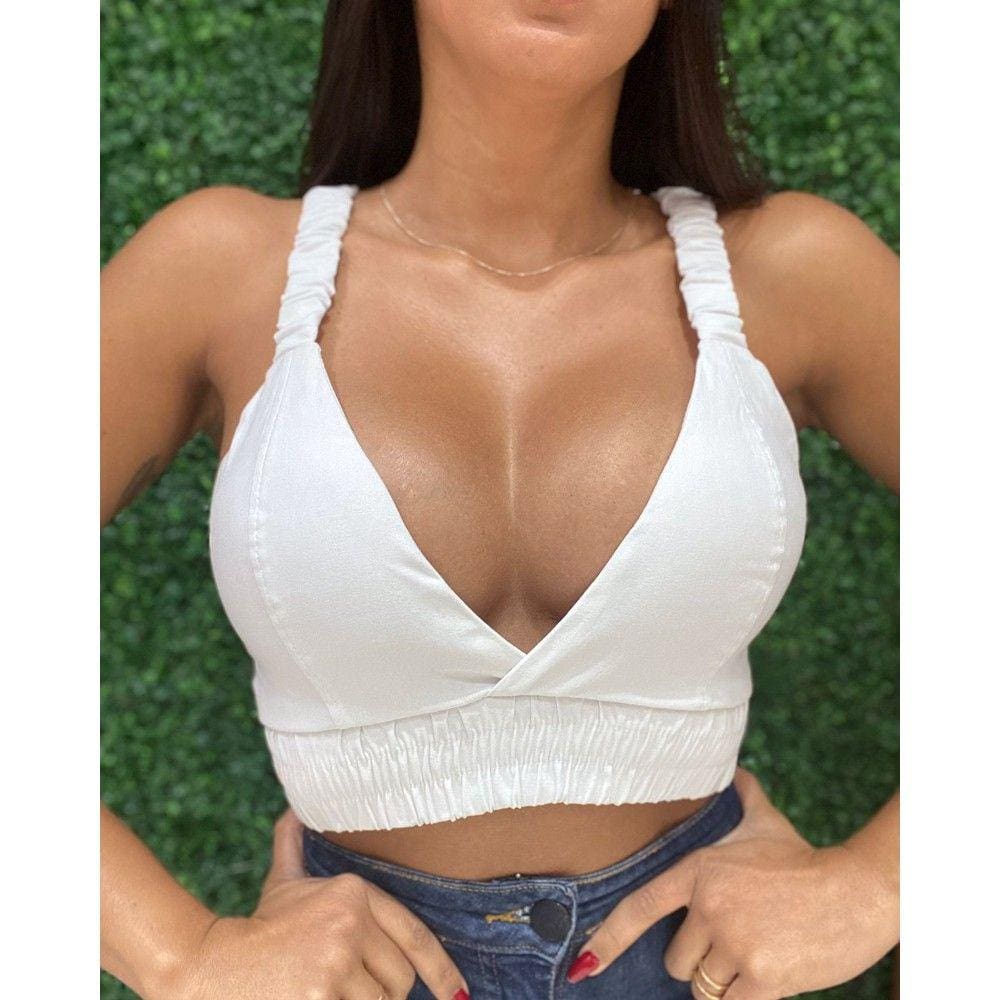 Cropped Slim Decote V com Elástico Branco