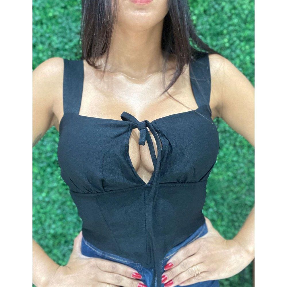 Cropped Slim Corselet Franzido com Tiras Preto