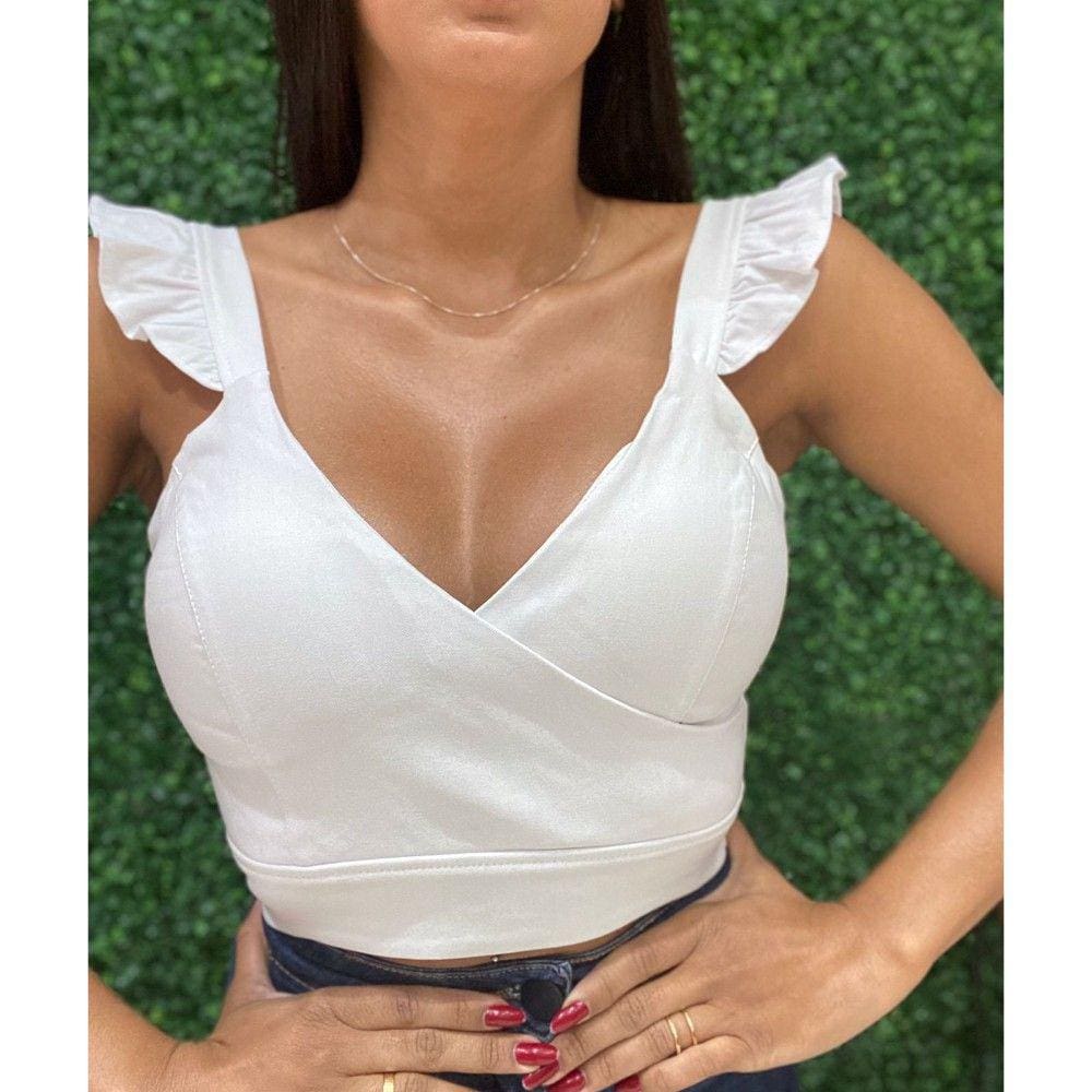 Cropped Slim Cruzado Manga com Babado e Bojo Branco