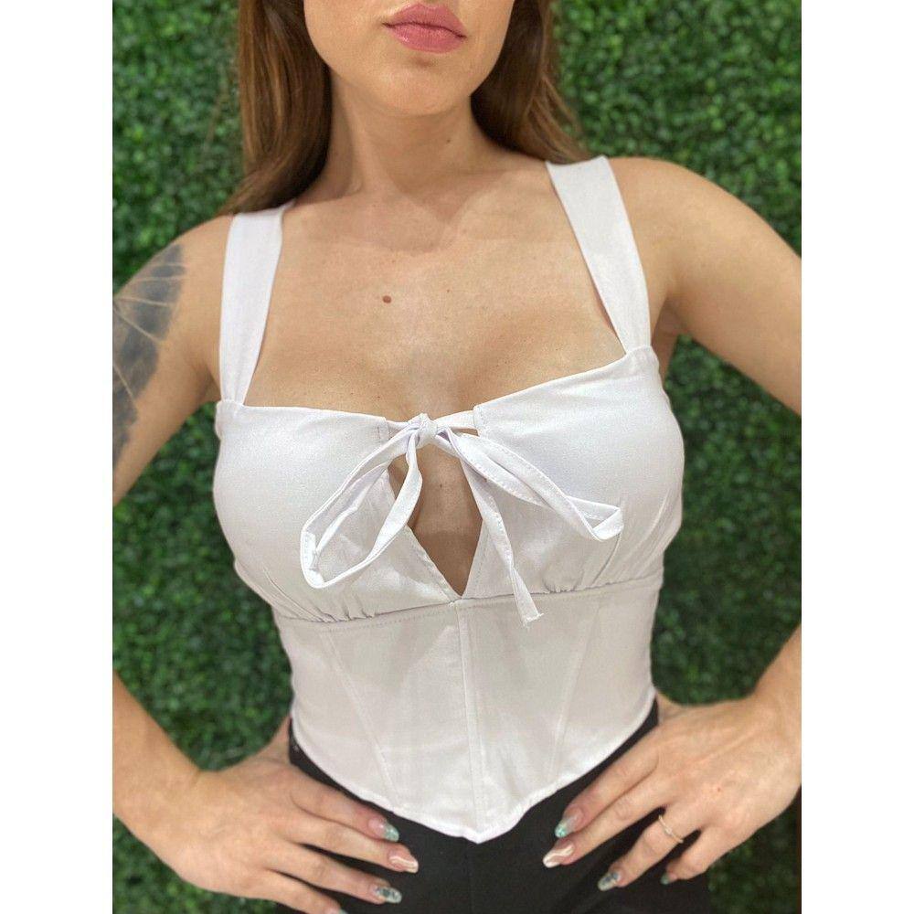 Cropped Slim Corselet Franzido com Tiras Branco