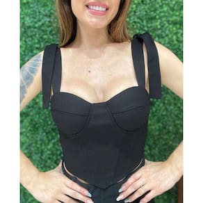 Cropped Slim Corselet com Bojo e 4 Alças com Laço Preto