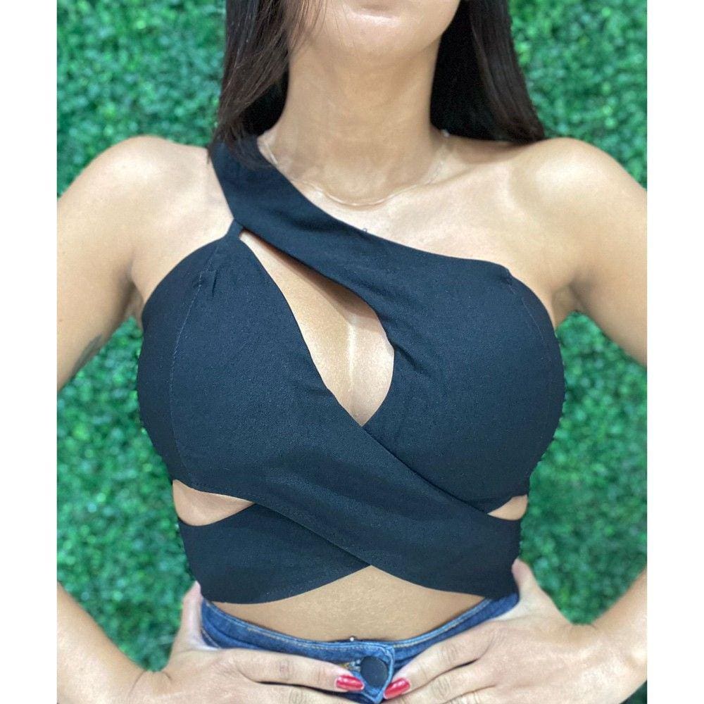 Cropped Slim Um Ombro Só Cruzado Preto
