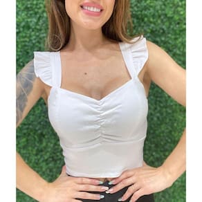 Cropped Slim Babado na Alça e Franzido na Frente Branco