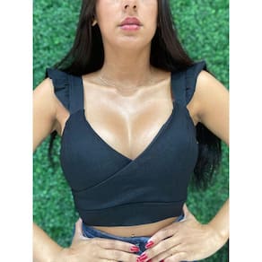 Cropped Slim Cruzado Manga com Babado e Bojo Preto