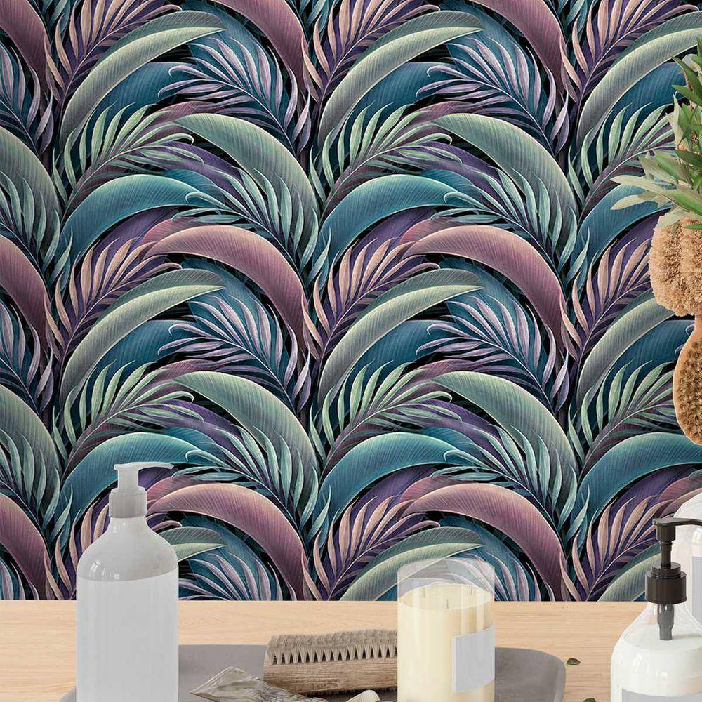 Papel de Parede 9M Flor rendada com Palmeira colorida Auto Colante Vinílico Realista