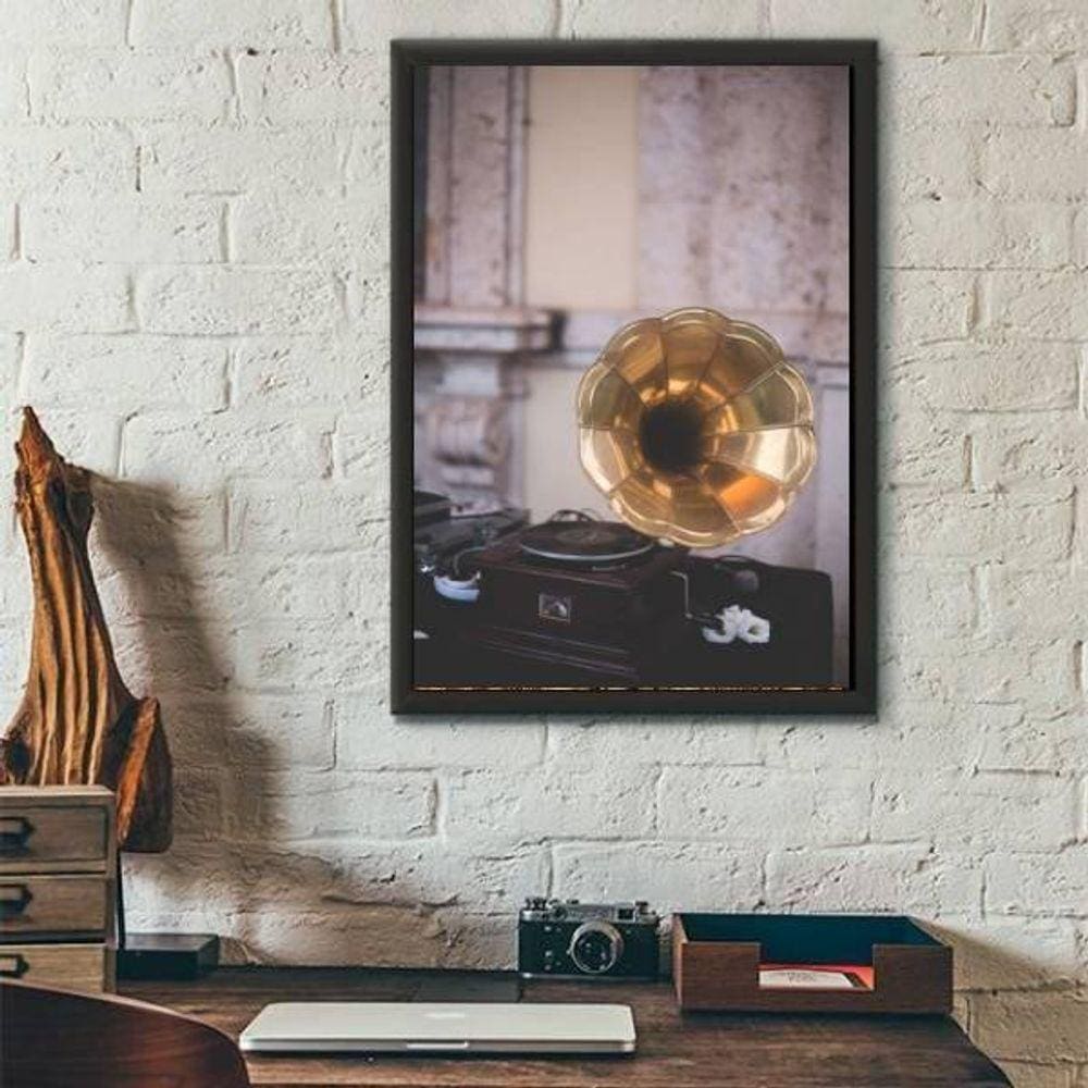 Quadro Fotografia Gramofone 33X24 Com Vidro - Madeira Preta