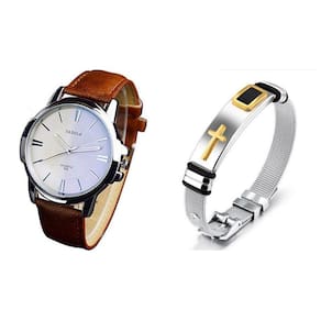 Relógio Masculino Yazole Couro 332 Marrom e Pulseira em Aço
