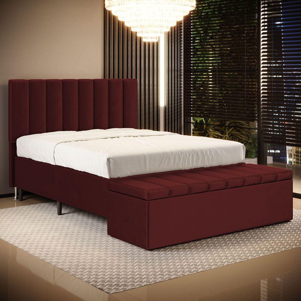 Cabeceira Nashira e Calçadeira Baú Navi 140 para Cama de Casal N-034 Veludo Bordô Aradecor