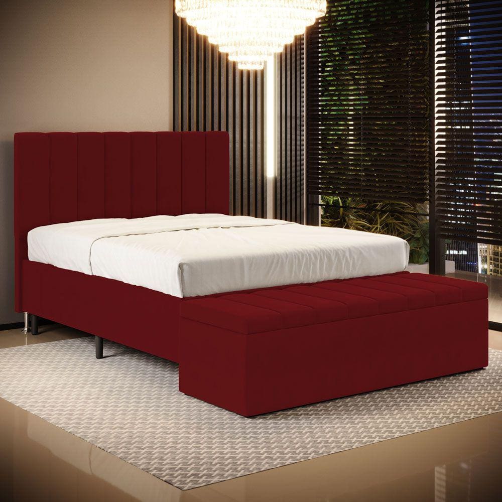 Cabeceira Nashira e Calçadeira Baú Navi 195 para Cama King Z-001 Sued Vermelho Aradecor