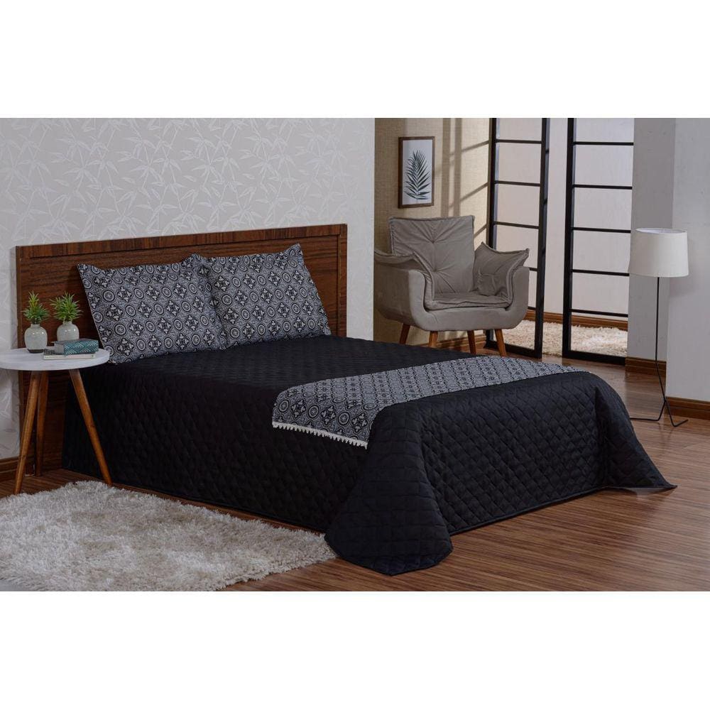 Cobre Leito Com Xale E Fronhas Estampado Xadrez 5Peças Queen