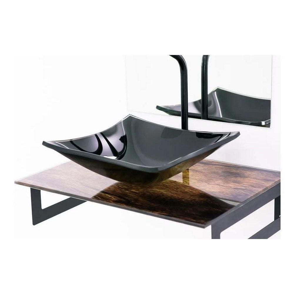 Gabinete De Vidro 50Cm Madeira Rustica + Torneira Preta