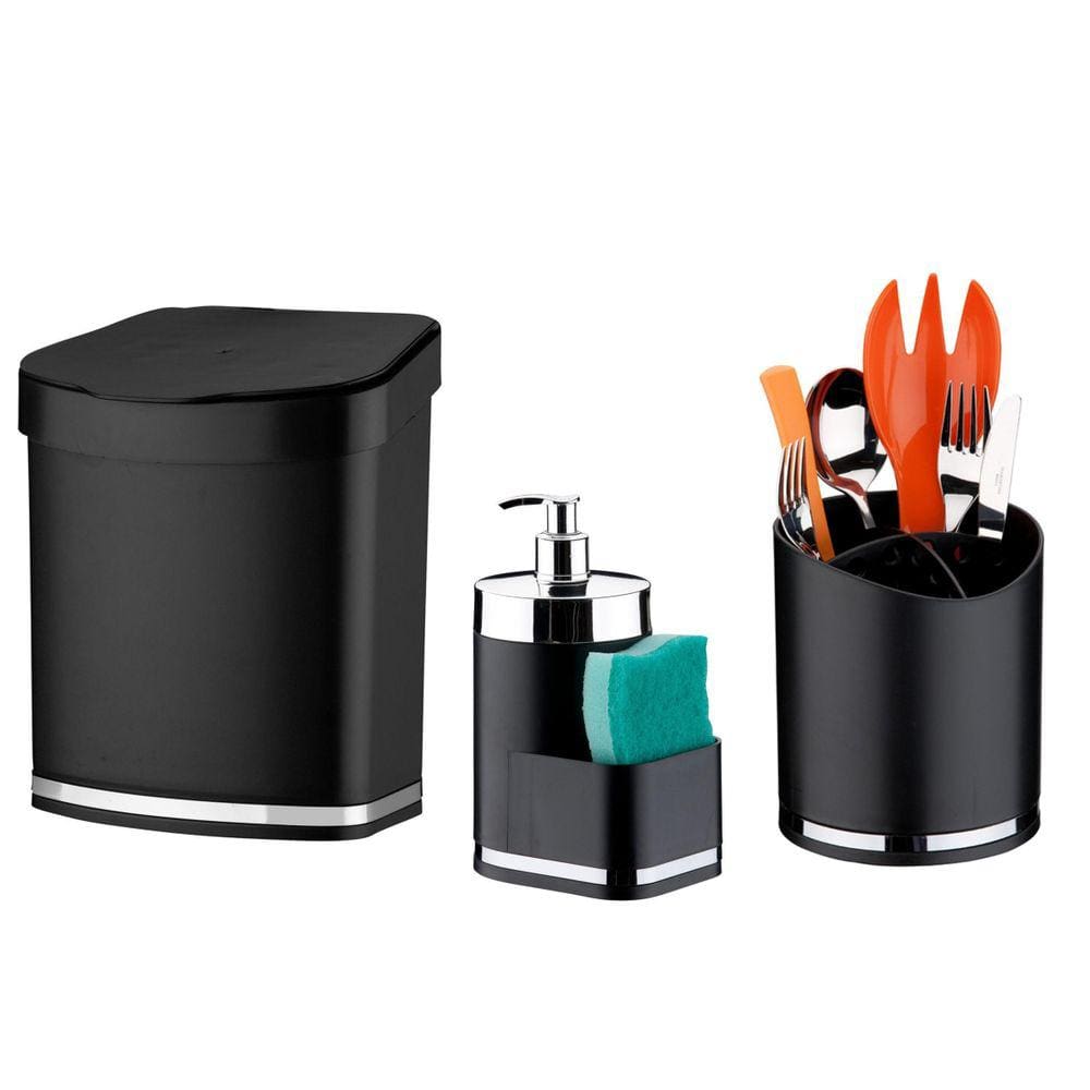 Kit Cozinha Lixeira Escorredor Dispenser Preto - Cromado