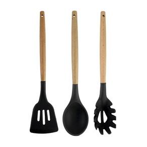 Kit Utensílios Silicone Com Cabo De Madeira 3 Peças - Preto