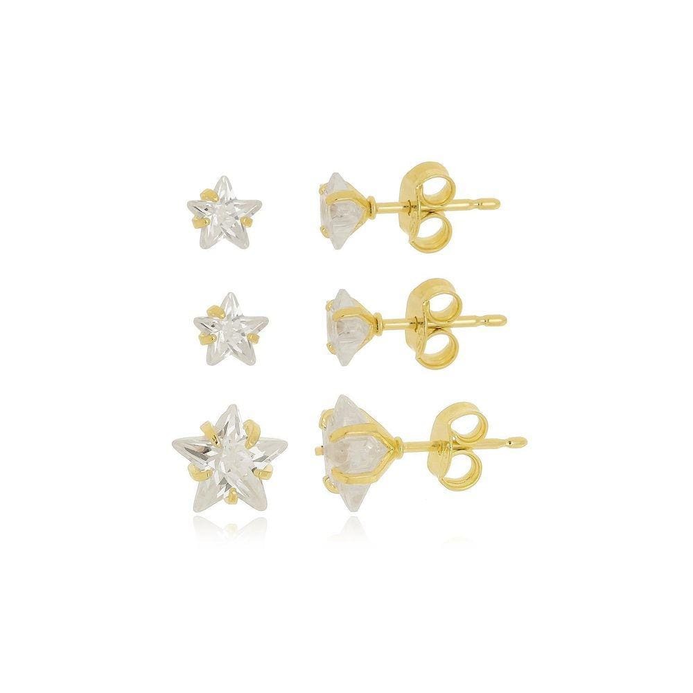 Brinco Trio Estrelas Zircônia Banhado A Ouro 18K