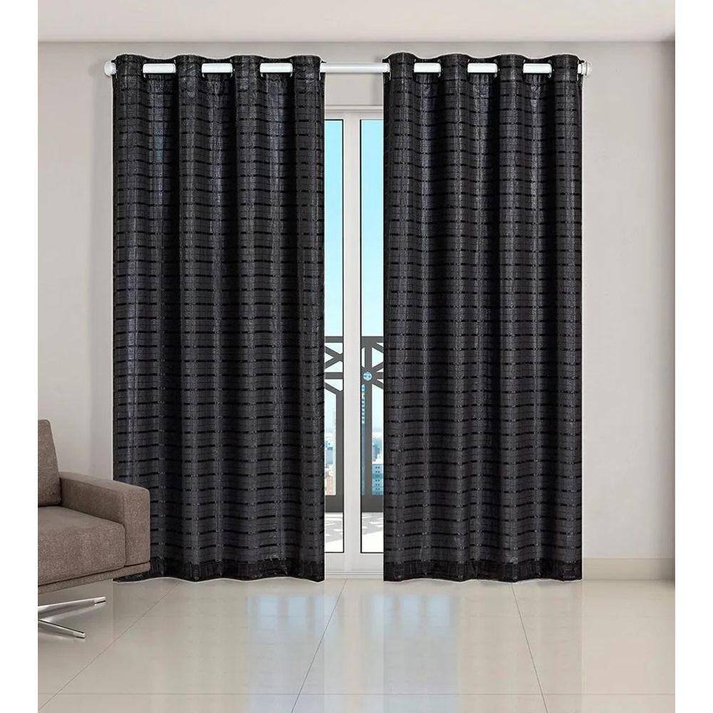 Cortina Voil Xadrez Com Forro Blackout 3,00 X 2,60 Preto