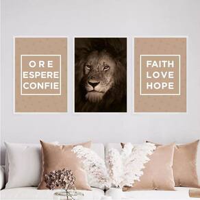 Kit 3 Quadros Leão Ore Espere Confie 45X34Cm Branca
