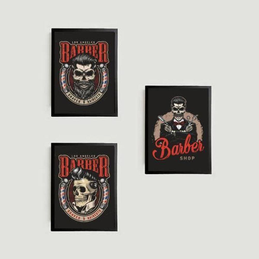 Kit 3 Quadros Barber Shop Skull 45X34Cm Vidro Moldura Preta