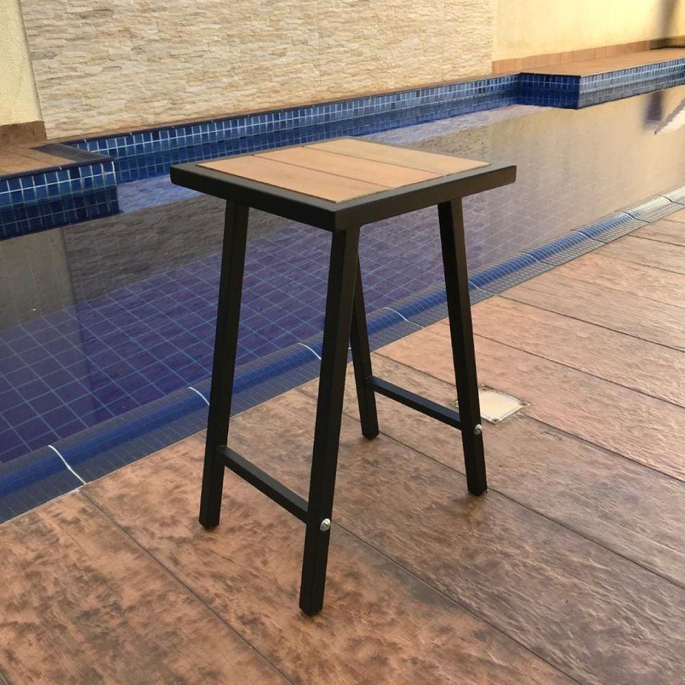 Banquinho Quadrado De Aço E Madeira Premium Altura 46 Cm