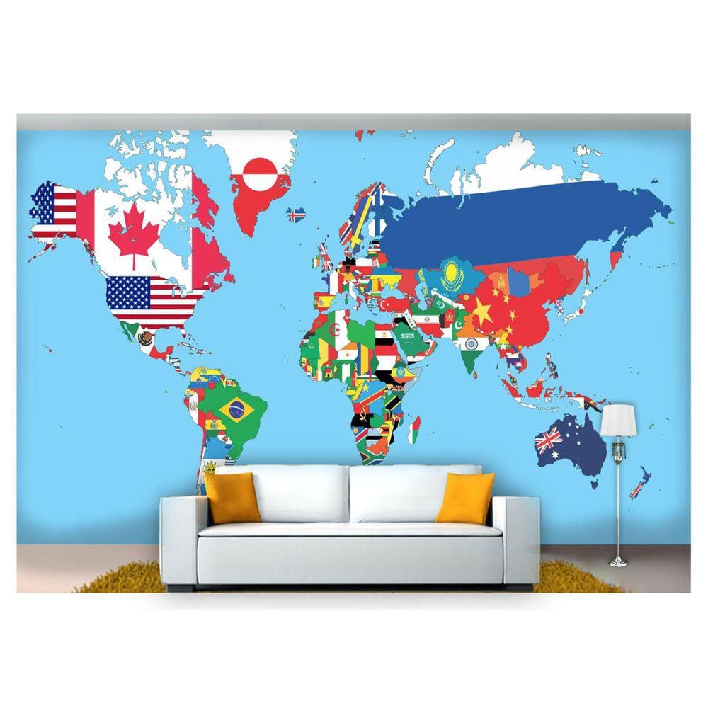 Papel De Parede Mapa Mundi Bandeiras Países  Nmu06
