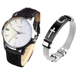 Relógio Masculino Yazole 332 Couro Preto + Pulseira Em Aço