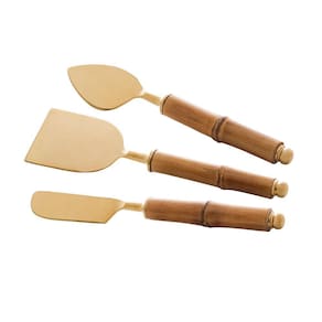 Conjunto Utensílios Wolff Queijo Cabo Bambu Aço Inox Dourado