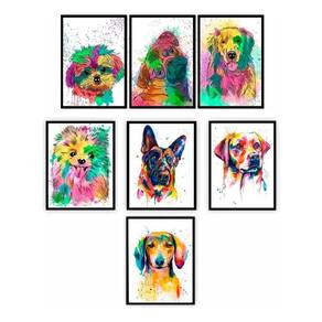 Kit 7 Quadros Cachorro Coloridos Aquarela Decoração 20X30Cm