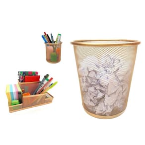 Kit Organizador, Porta Caneta E Lixeira Dourado Escritório