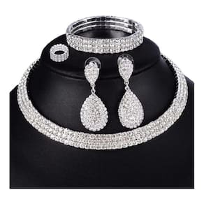 Conjunto Colar Chocker Pulseira Brinco Anel Noiva Strass