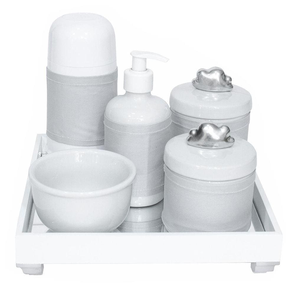 Kit Higiene Bebê Pote Porcelanas Térmica Bandeja Nuvem Prata