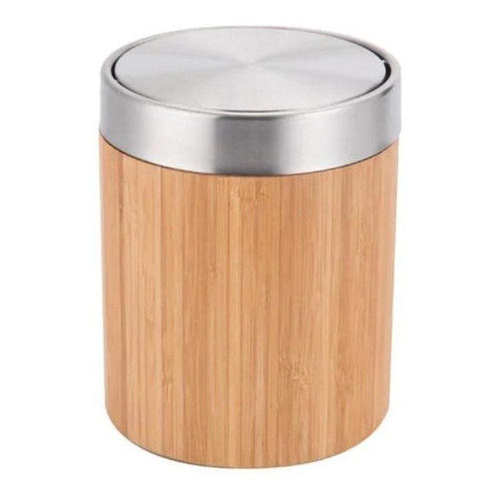 Lixeira Redonda Basculante 2,6L Bamboo E Inox - Marrom-Claro