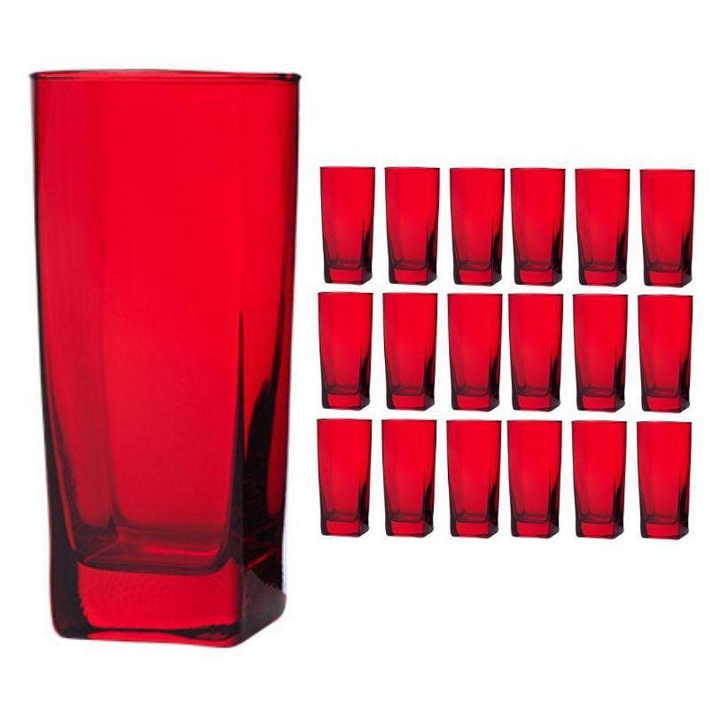 Copo Vidro 320Ml Suco, Água Bali Kit Com 18 Vermelho