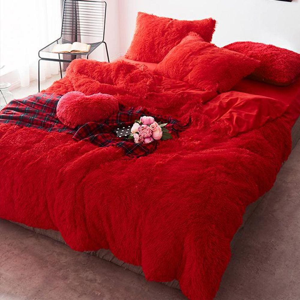 Jogo De Cama Casal Comum 6 Peça Edredom Pelúcia Vermelho