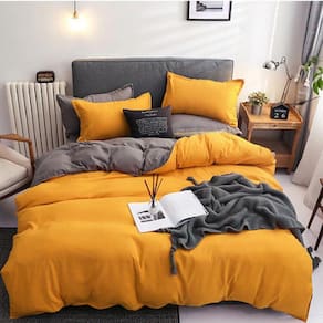 Jogo Cama Casal Comum Completo 7 Peças Edredom Amarelo/Cinza
