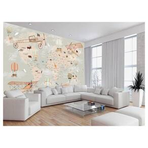 Papel De Parede 3D Mapa Mundi Kids Avião Balão 3,5M Nmu87