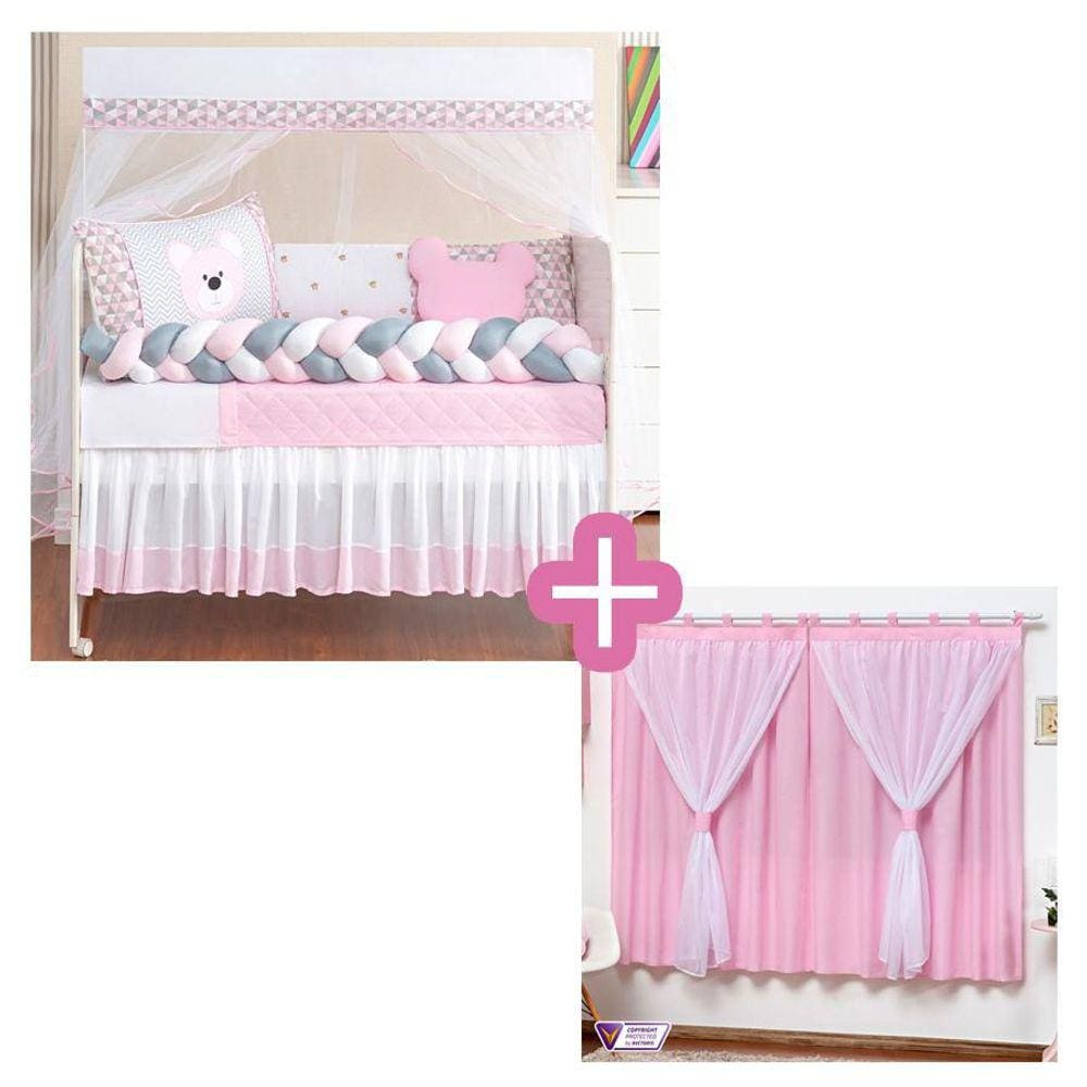 Kit Berço Padrão Trançado Ursa Baby Rosa Menina 11+ Cortina