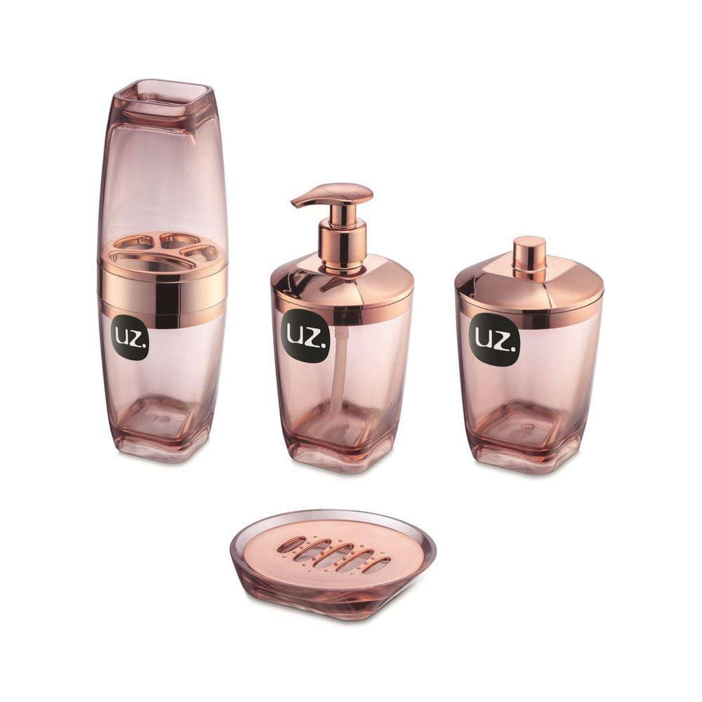 Kit Higiene Para Banheiro 4Pçs Com Porta Escova Uz Rosê Gold