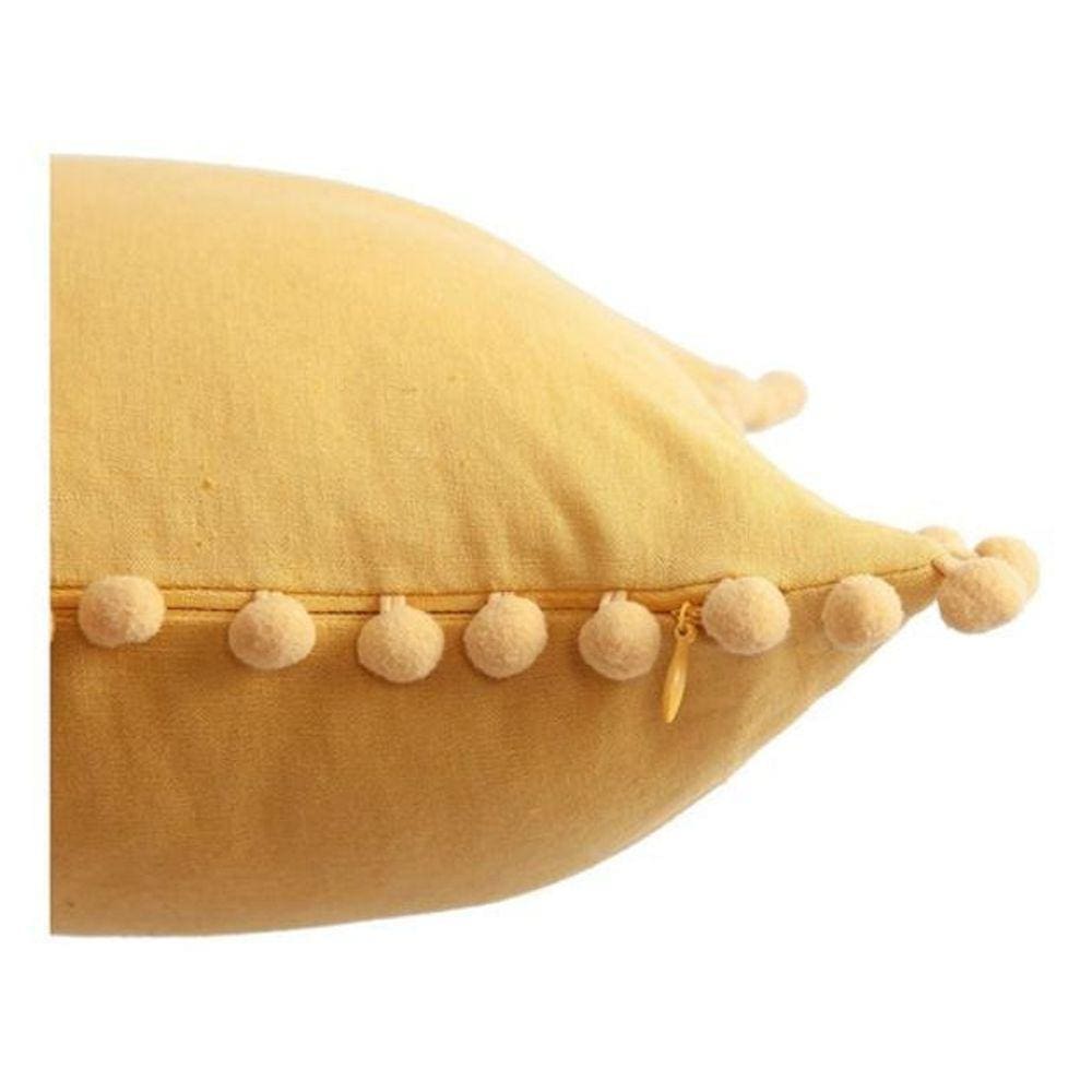 Almofada Amarela Franja Pom-Pom Linho E Algodão - Amarelo
