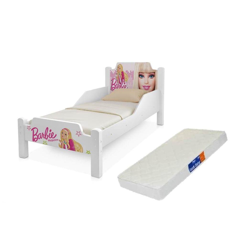Mini cama branca com adesivo da barbie proteção lateral colchão incluso