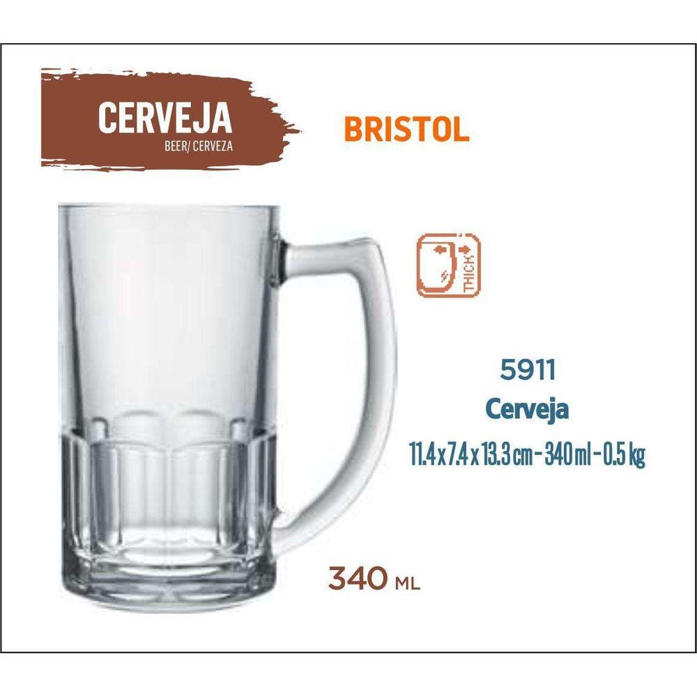 06 Canecas De Vidro Bristol 340Ml - Chope Cerveja