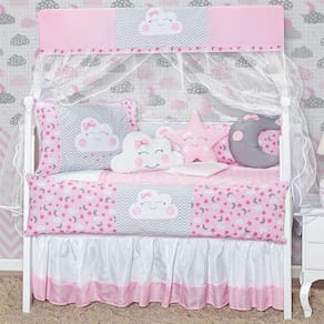 Kit Berço 12 Peças Nuvem Estampado Menina Rosa Claro Baby