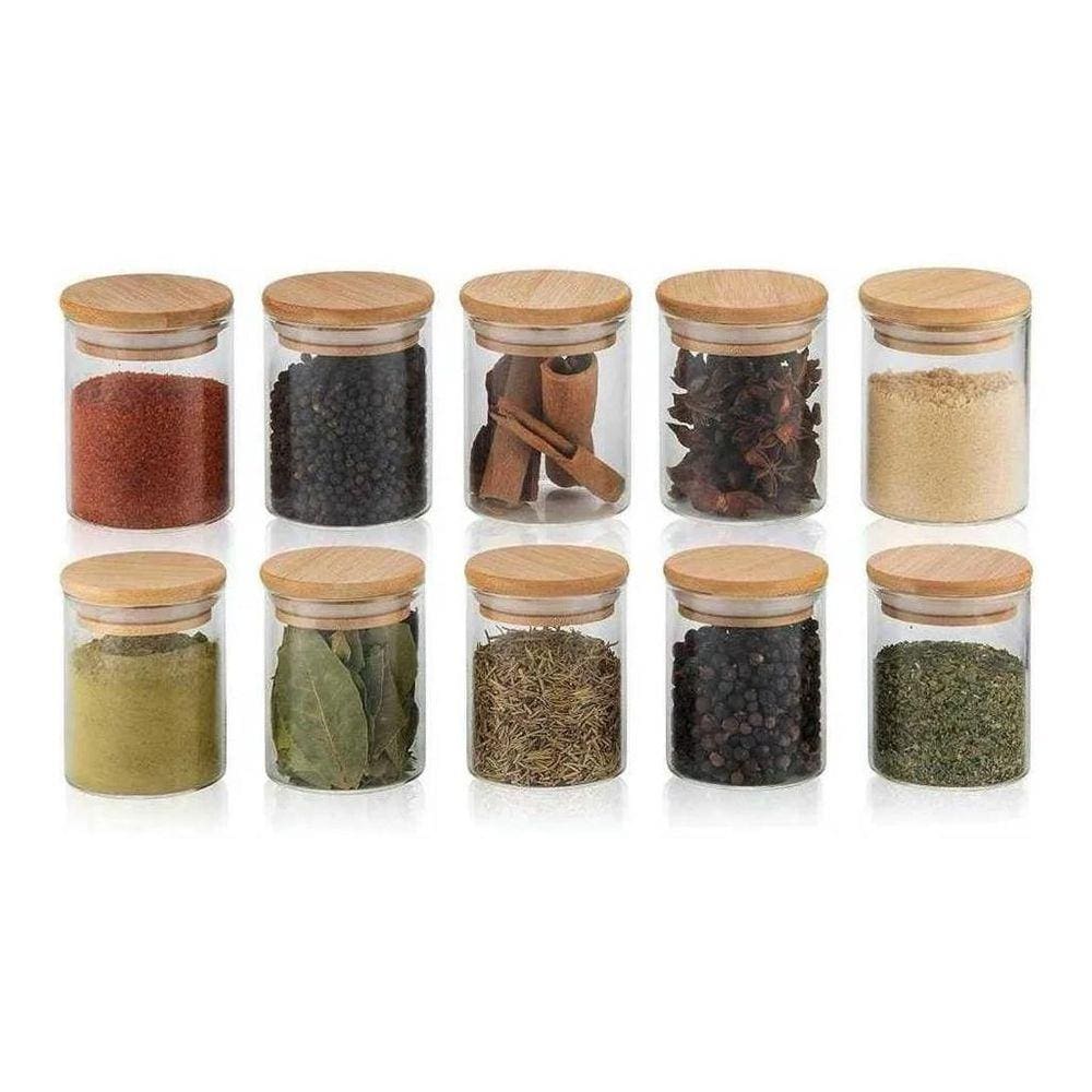 Kit 10 Potes Vidro 200Ml Hermético Tampa Redonda Bambu Oikos