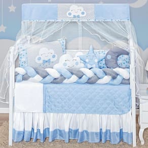 Kit Berço Masculino Nuvem Lua Azul Completo 12P Saia Box