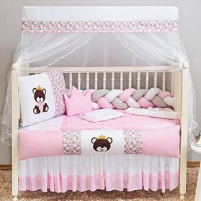 Kit Berço 14 Peças Menina Ursa Rainha Rosa Capa Impermeável