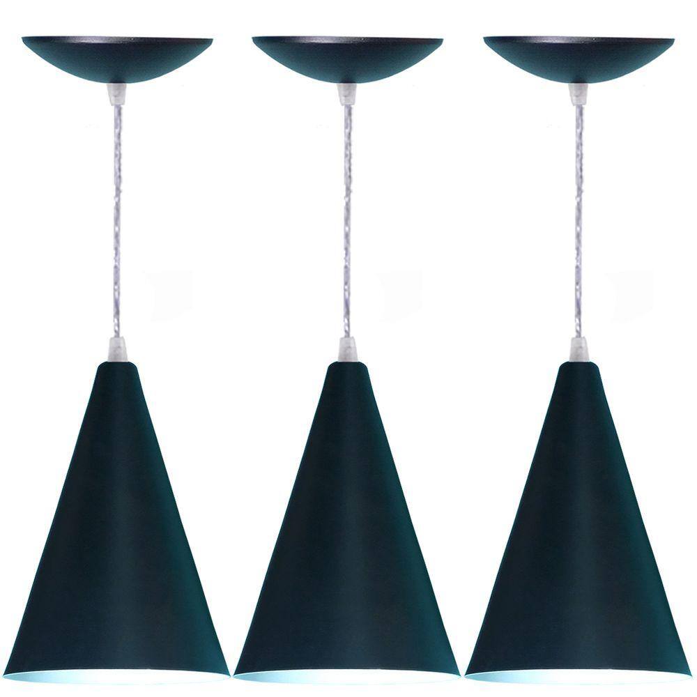 Kit 03 Luminárias Pendente Cone em Alumínio -Cor Preto Fosco