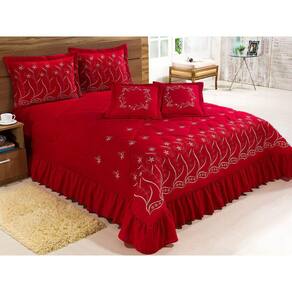 Kit Cobre Leito Casal Padrão Desejos 7Peças Bordado Vermelho