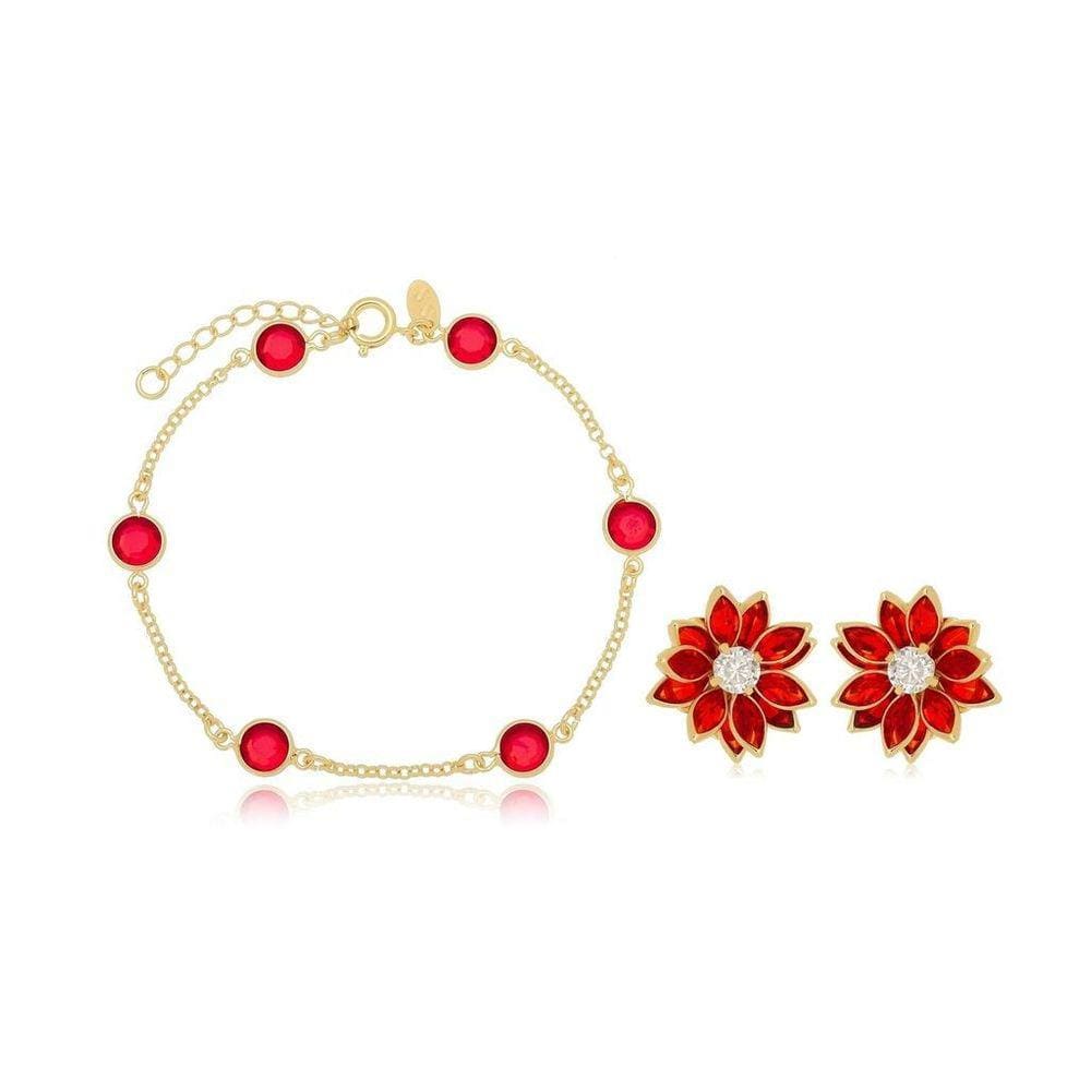 Pulseira E Brinco Flor Banhado A Ouro 18K