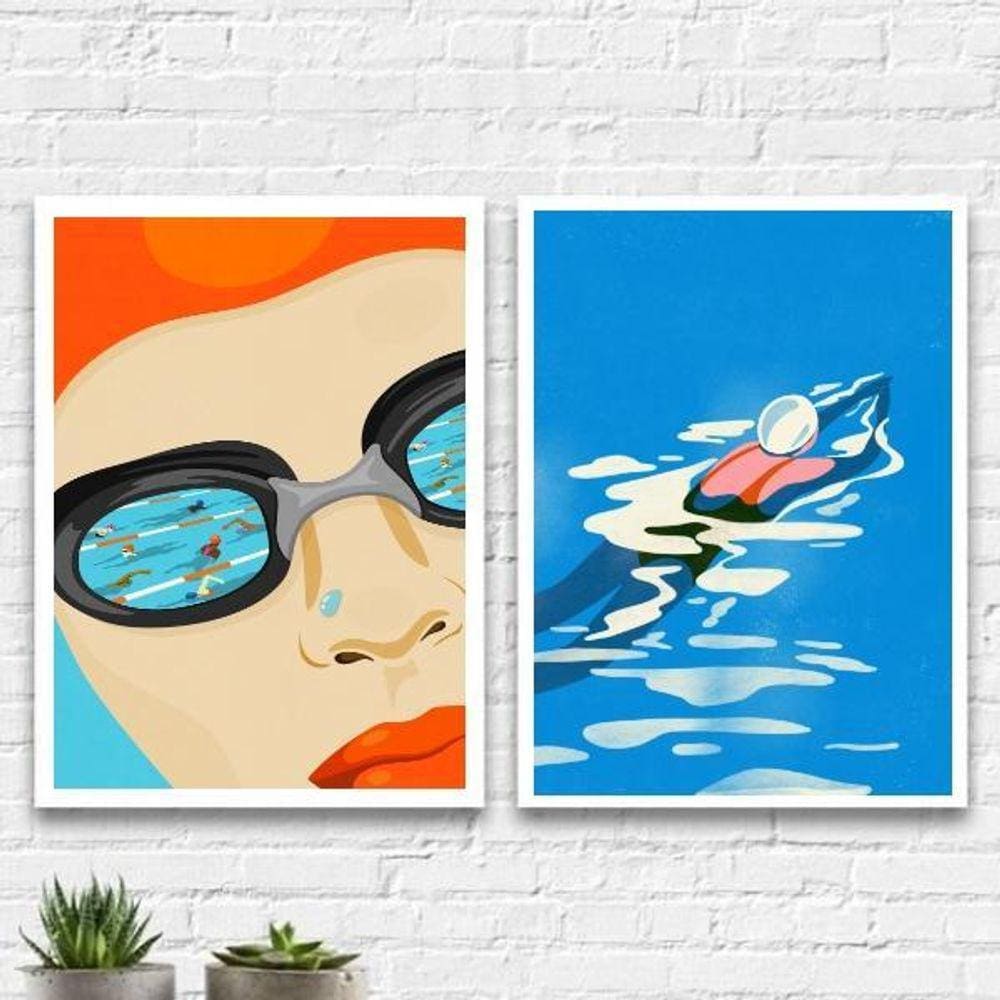 Kit 2 Quadros Decorativos Natação 45X34Cm Branca