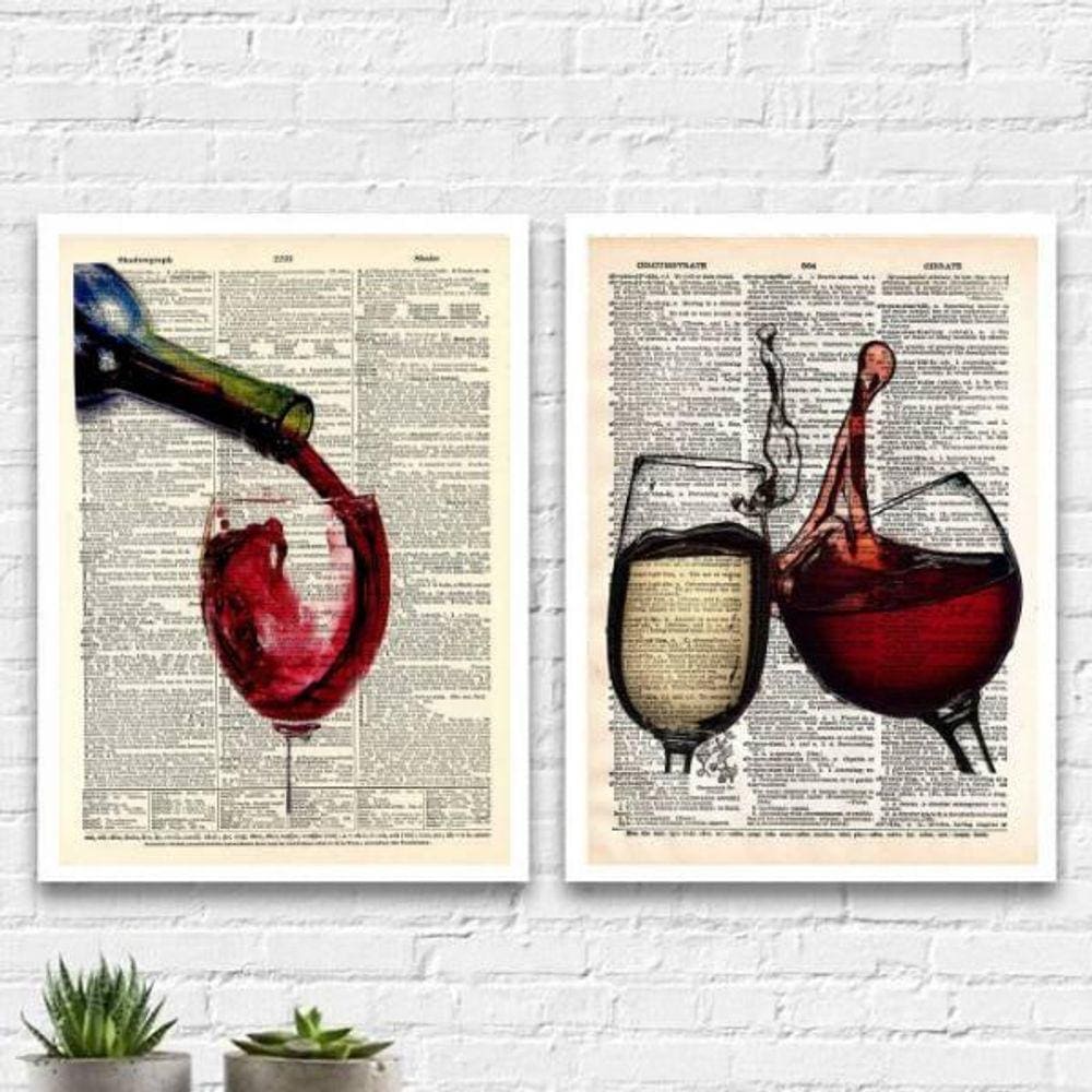 Kit 2 Quadros Vintage Vinho 33X24Cm - Com Vidro