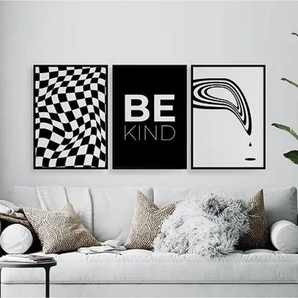 Kit 3 Quadros Optical Art- Be Kind 33X24Cm Preta